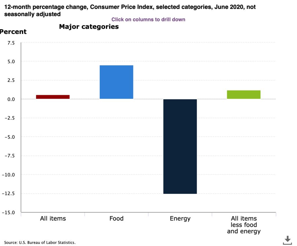 This chart shows that in June 2020, the Consumer Price Index (the most common measure of inflation) increased just 0.6% over last year. The dramatic decrease in Energy Prices of 12.5% offset the increases in Food and other prices. Data from the U.S. Bureau of Labor Statistics.